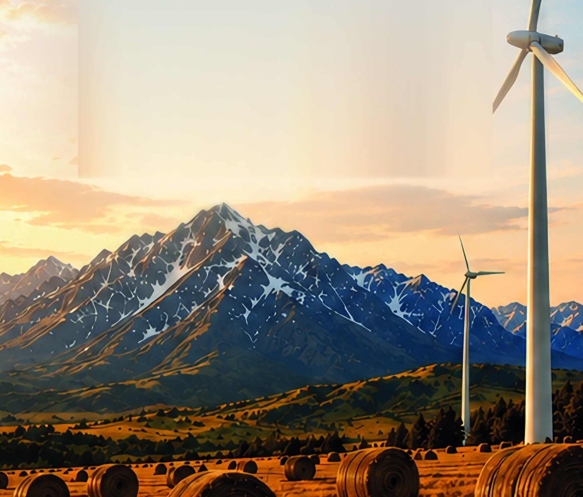 Hay bales and wind turbines on the Eastern Plains beneath the Rockies